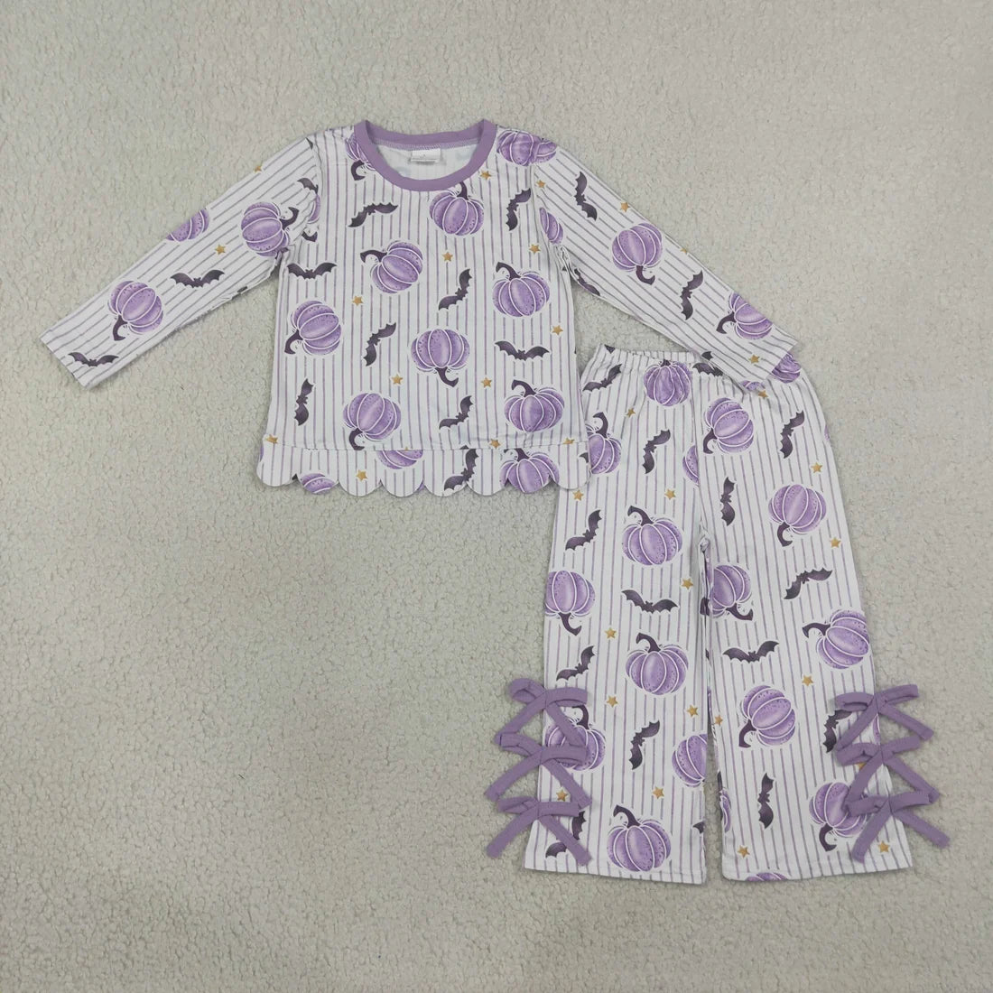 Sibling Baby  Girls Bows Pumpkin Scallop Top with Flare Pants Outfit