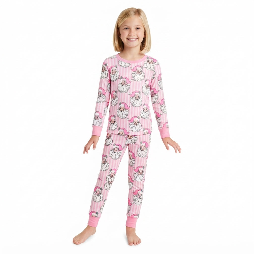 GLP3440 Santa Pink Stripes Print Girls Christmas Pajamas Clothes Set