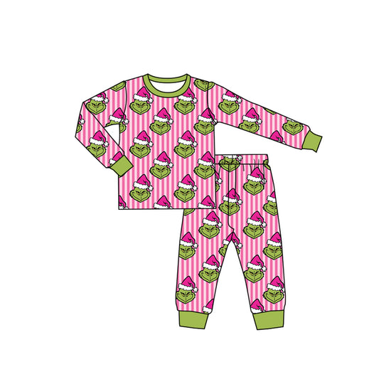 6.27 Preorder GLP3441 Green Frog Pink Stripes Print Girls Christmas Pajamas Clothes Set