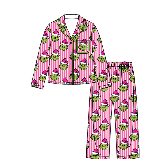 6.27 GLP3444 Preorder Green Frog Pink Stripes Print Woman Christmas Pajamas Clothes Set