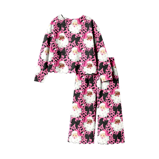 6.27 Preorder GLP3446 Santa Bows Pink Print Girls Christmas Scallop Clothes Set