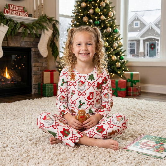 GLP3447 Gingerbread Santa Bows Holly Candy Cane Print Girls Christmas Scallop Clothes Set