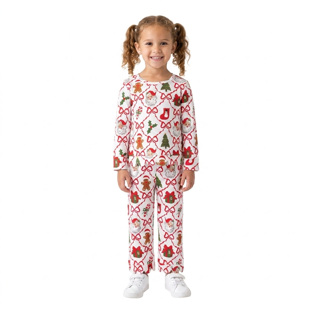 GLP3447 Gingerbread Santa Bows Holly Candy Cane Print Girls Christmas Scallop Clothes Set
