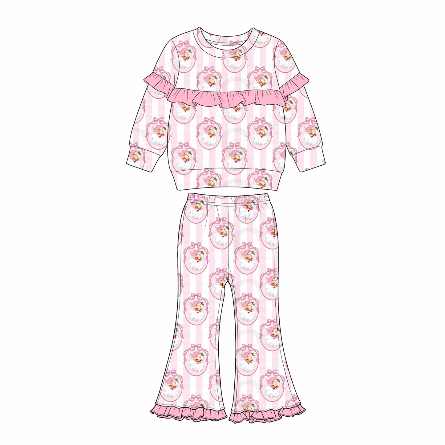 6.29 Preorder GLP3450 Santa Pink Stripes Top Bell Pants Girls Christmas Clothes Set