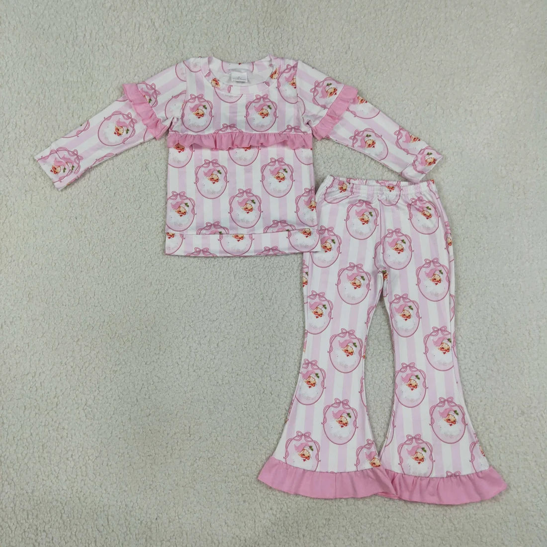 Sibling Baby Girls Pink Stripe Bows Santa Tunic Ruffle Pants Christmas Clothes Sets