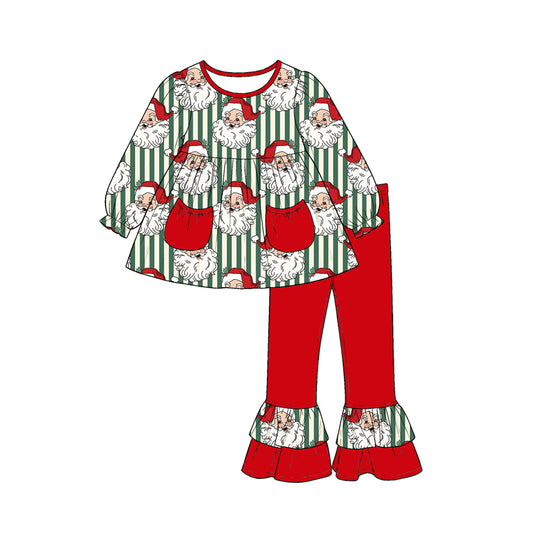 6.30 Preorder GLP3454 Santa Green Stripes Tunic Top Red Ruffle Pants Girls Christmas Clothes Set