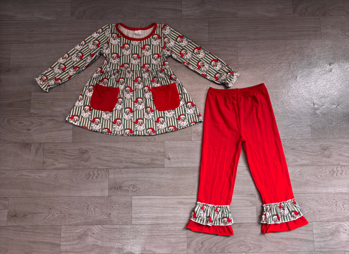 6.30 Preorder GLP3454 Santa Green Stripes Tunic Top Red Ruffle Pants Girls Christmas Clothes Set