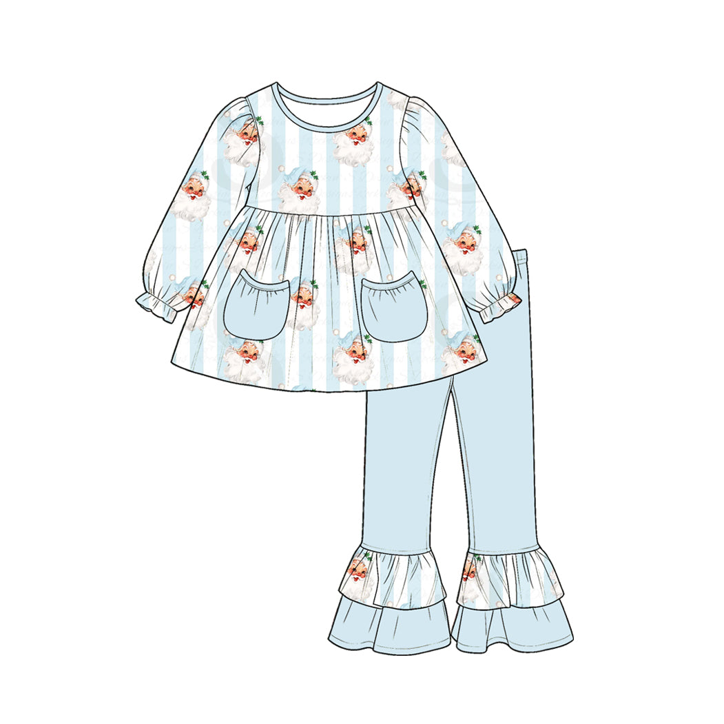 6.30 Preorder GLP3455 Santa Blue Stripes Tunic Top Ruffle Pants Girls Christmas Clothes Set