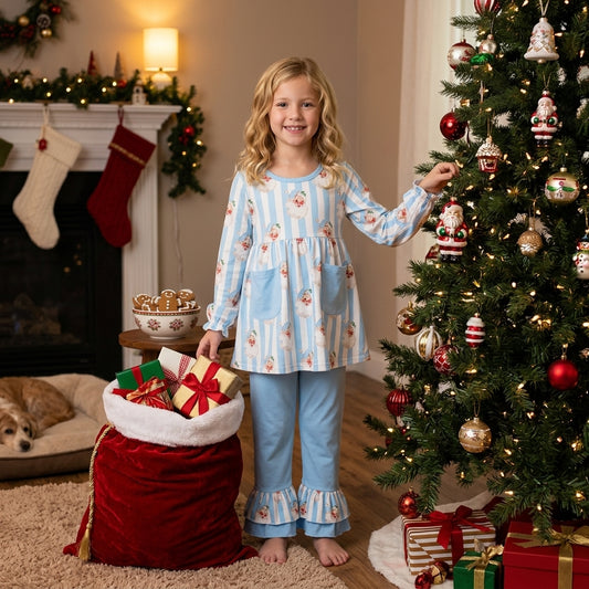GLP3455 Santa Blue Stripes Pockets Tunic Top Ruffle Pants Girls Christmas Clothes Set