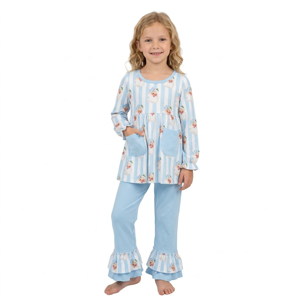 GLP3455 Santa Blue Stripes Tunic Top Ruffle Pants Girls Christmas Clothes Set