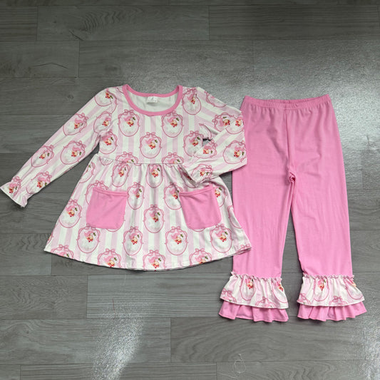 Preorder GLP3456 Santa Pink Stripes Tunic Top Ruffle Pants Girls Christmas Clothes Set