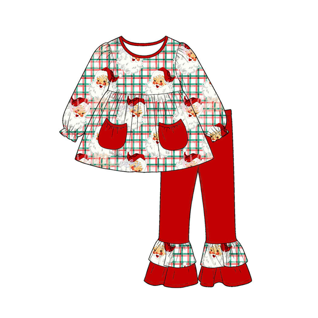 6.30 Preorder GLP3457 Santa Plaid Tunic Top Ruffle Pants Girls Christmas Clothes Set