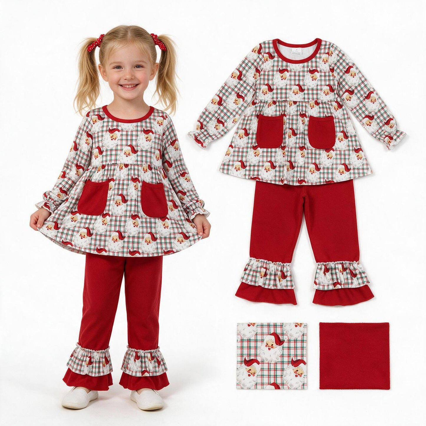 GLP3457 Santa Checkered Pockets Tunic Top Red Ruffle Pants Girls Christmas Clothes Set