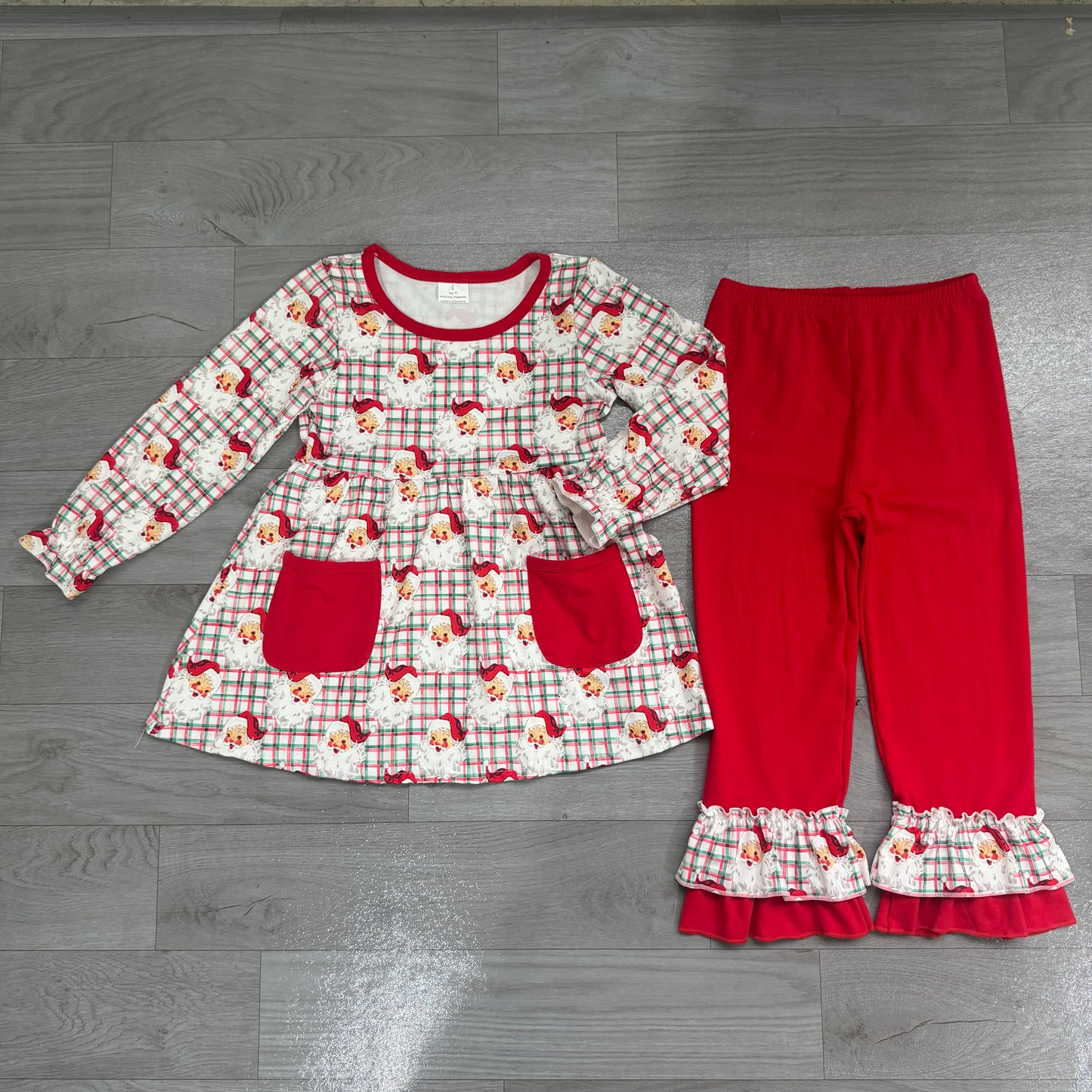 Preorder GLP3457 Santa Plaid Tunic Top Ruffle Pants Girls Christmas Clothes Set