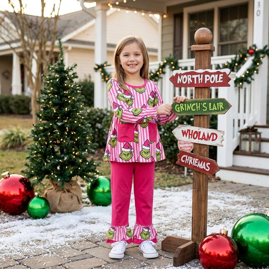 GLP3458 Green Frog Hot Pink Stripes Pockets Tunic Top Ruffle Pants Girls Christmas Clothes Set