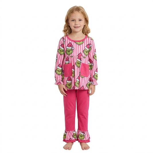 GLP3458 Green Frog Hot Pink Stripes Pockets Tunic Top Ruffle Pants Girls Christmas Clothes Set