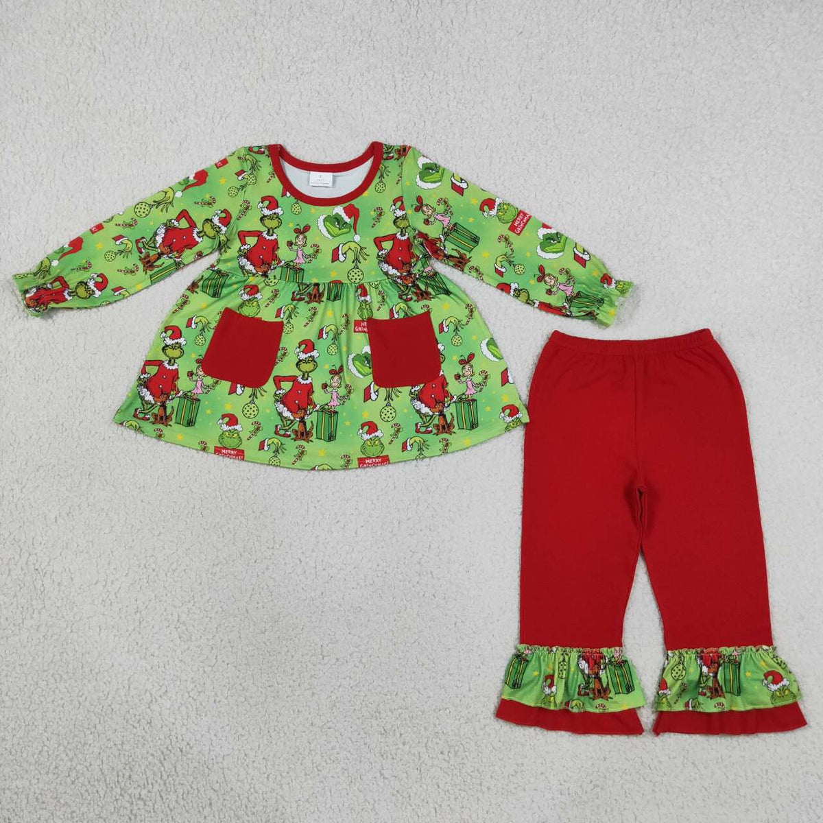 GLP3459 Green Frog Pockets Tunic Top Red Ruffle Pants Girls Christmas Clothes Set