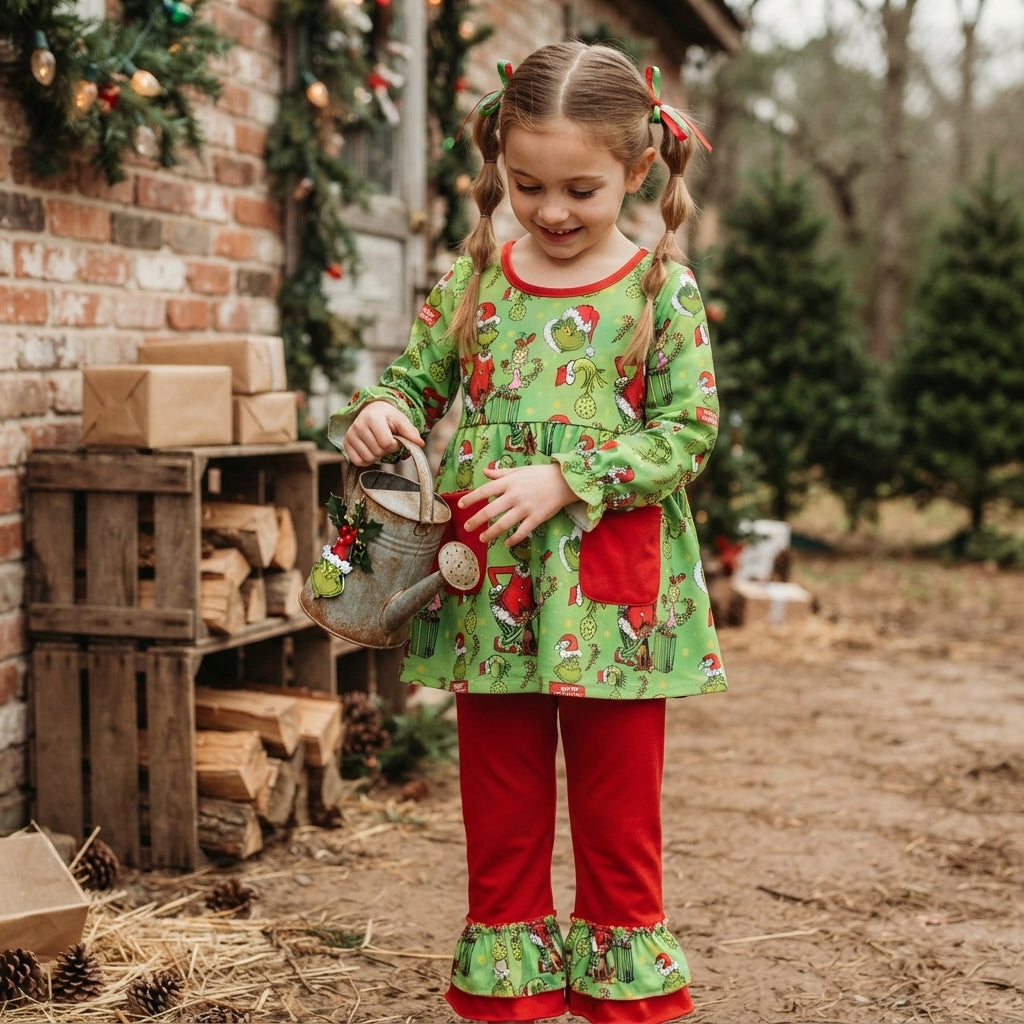 GLP3459 Green Frog Pockets Tunic Top Red Ruffle Pants Girls Christmas Clothes Set