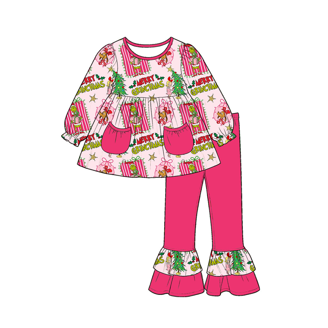 6.30 Preorder GLP3461 Green Frog Tunic Top Ruffle Pants Girls Christmas Clothes Set