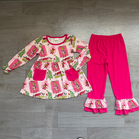 6.30 Preorder GLP3461 Green Frog Tunic Top Ruffle Pants Girls Christmas Clothes Set
