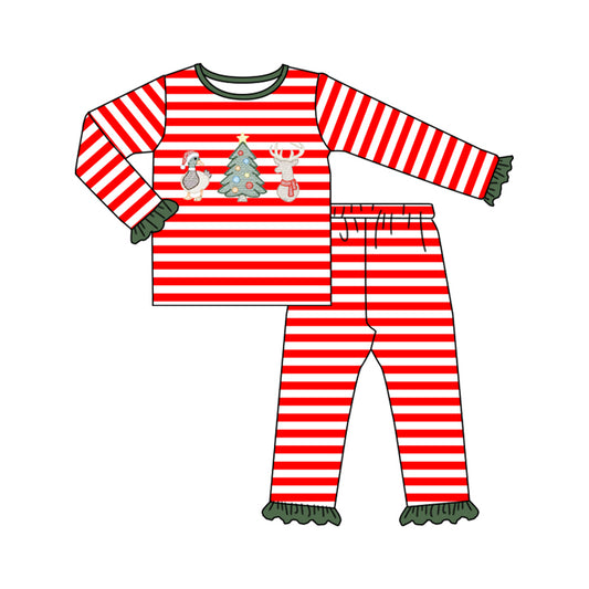 7.2 Preorder Kids Girls Christmas Duck Deer Red Striped Long Sleeve Pajama Set