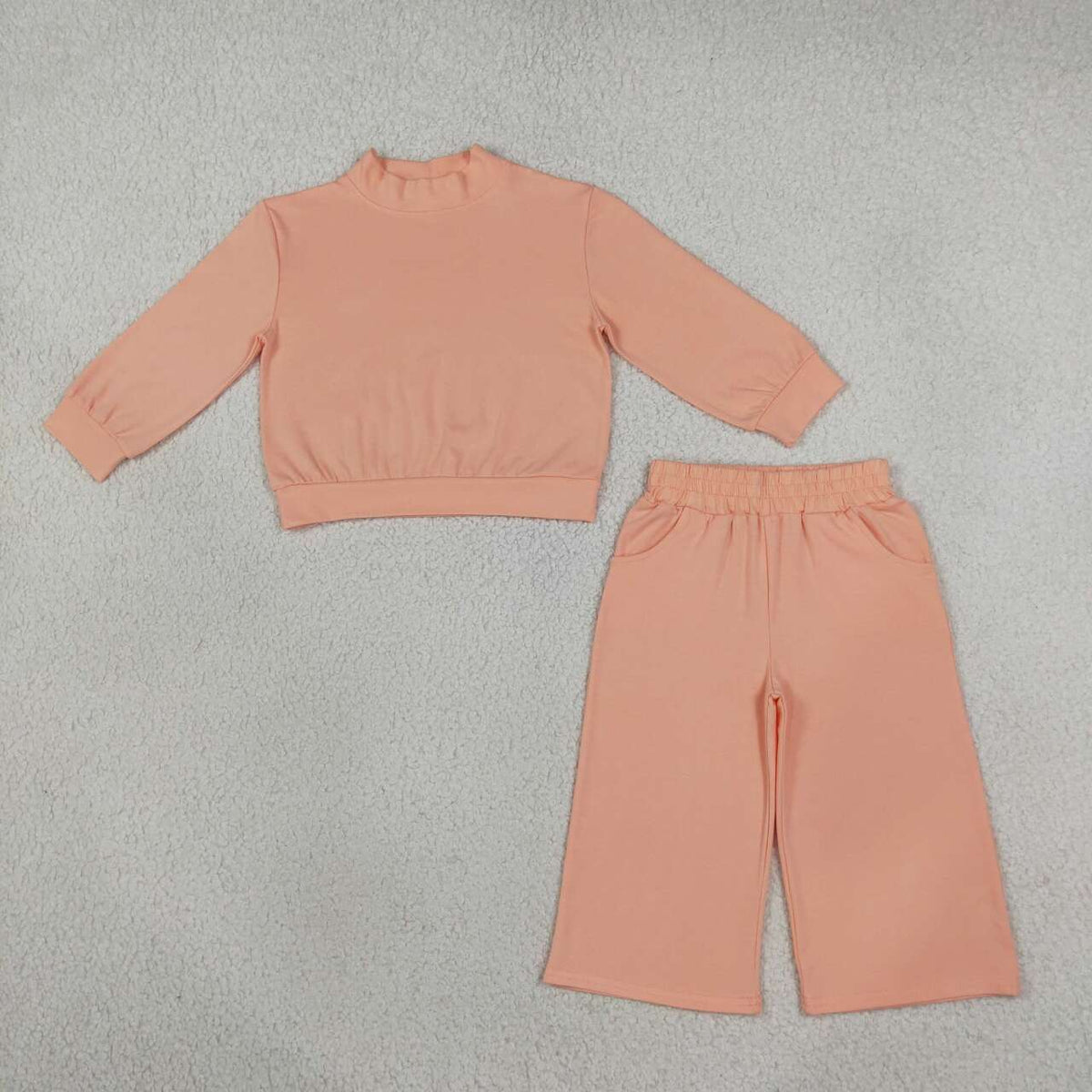 GLP3471 Peach Color Long Sleeve Mock Neck Top Pocket Pants Girls Cotton Clothes Set
