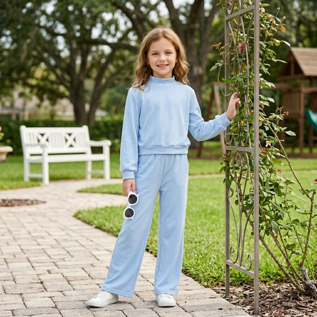 GLP3472 Blue Color Long Sleeve Mock Neck Top Pocket Pants Girls Cotton Clothes Set