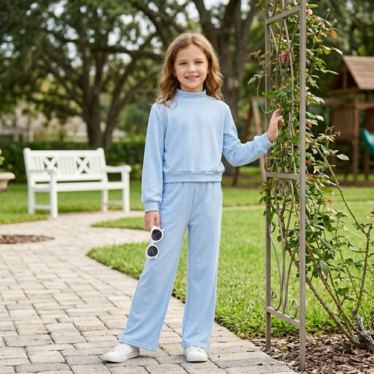GLP3472 Blue Color Long Sleeve Mock Neck Top Pocket Pants Girls Cotton Clothes Set