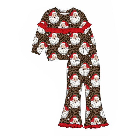 7.6 Preorder KIds Girls Christmas Santa Leopard Long Sleeve with Bell Bottom Pants Outfit