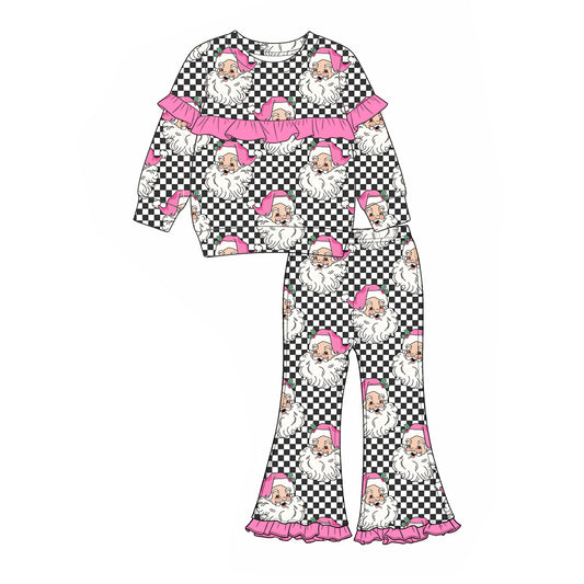 7.6 Preorder KIds Girls Pink Christmas Santa Leopard Long Sleeve with Bell Bottom Pants Outfit