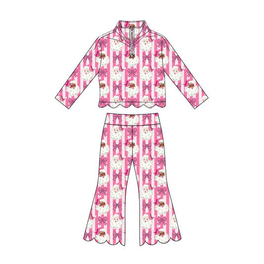 7.6 Preorder KIds Girls Pink Christmas Bow Long Sleeve Pullover with Bell Bottom Pants Outfit
