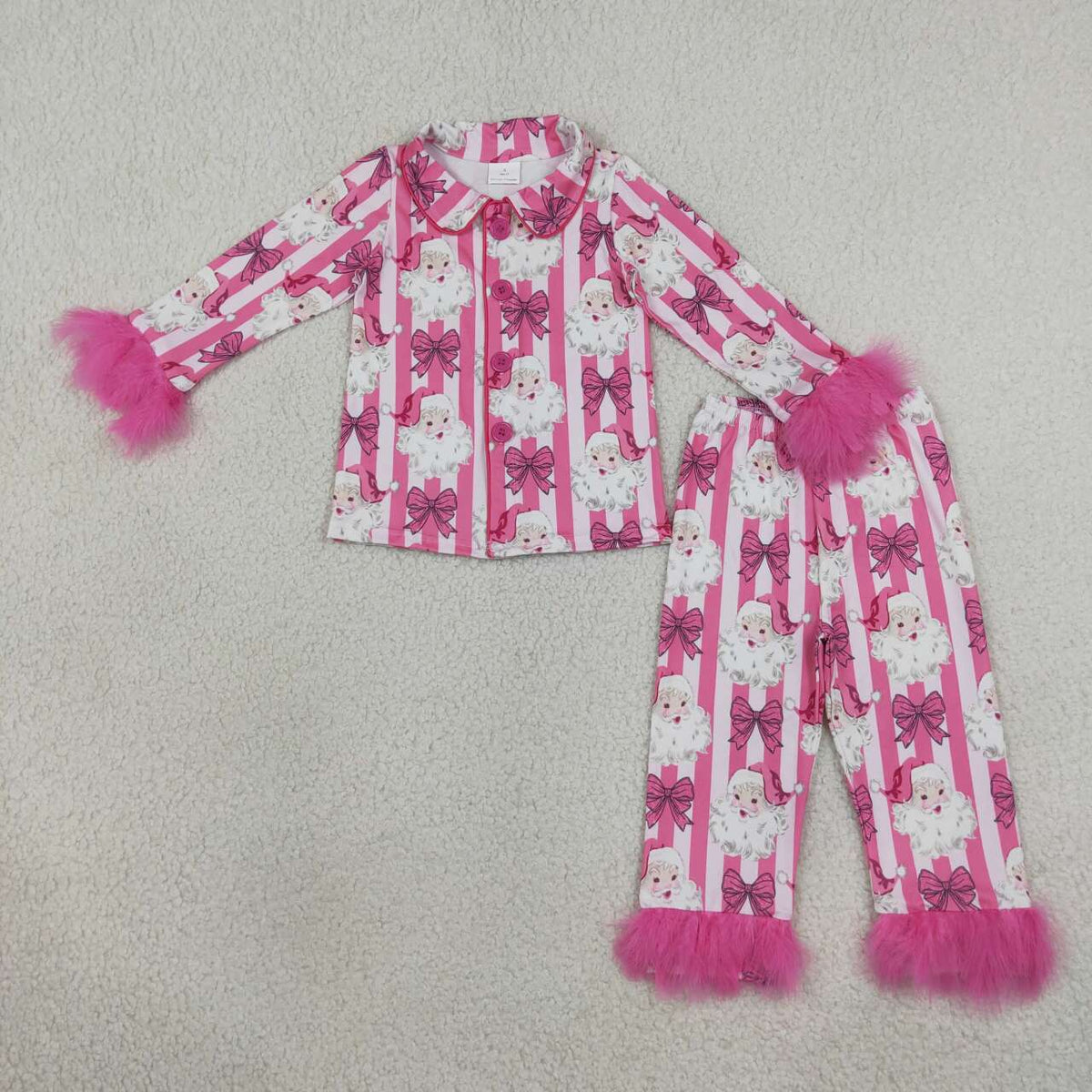 GLP3478 Santa Bows Stripes Print Girls Christmas Fur Button Pajamas Clothes Set