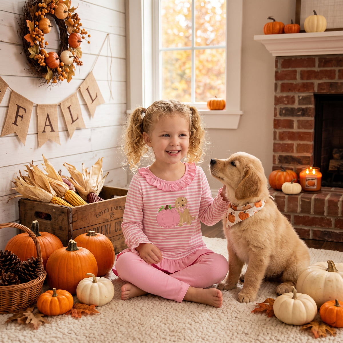 GLP3480 Pumpkin Dog Embroidery Stripes Ruffle Top Pink Legging Pants Girls Fall Clothes Set