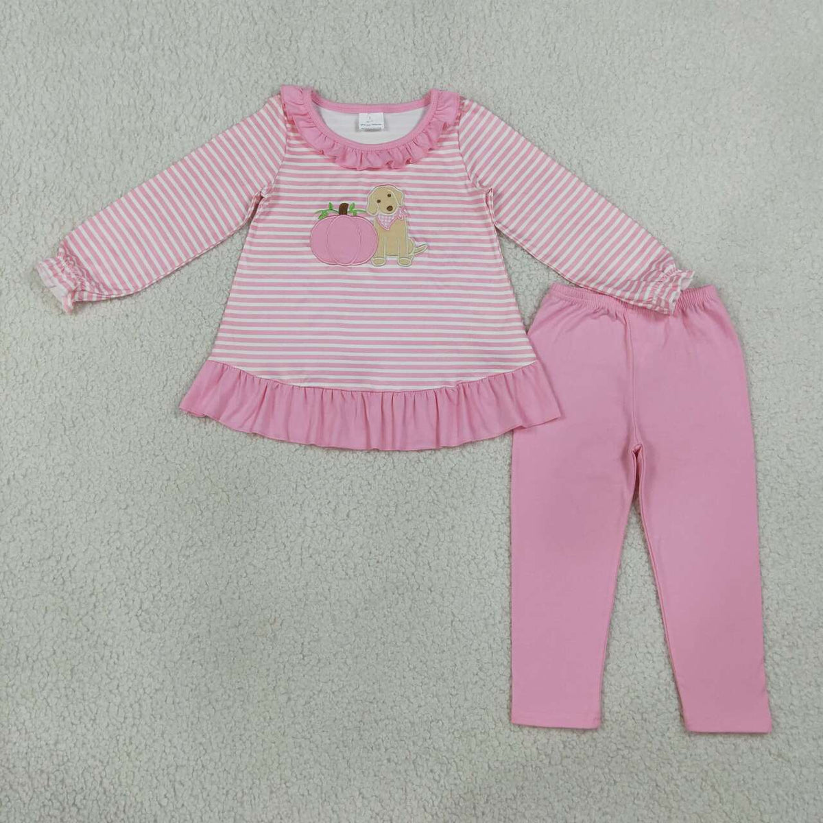 Sibling Baby Girls Embroidery Pink Pumpkin Dog Outfit + Romper