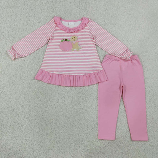 Sibling Baby Girls Embroidery Pink Pumpkin Dog Outfit + Romper