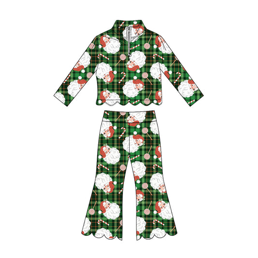 7.6 Preorder KIds Girls Green Christmas Santa Long Sleeve Pullover Top with Pants Outfit