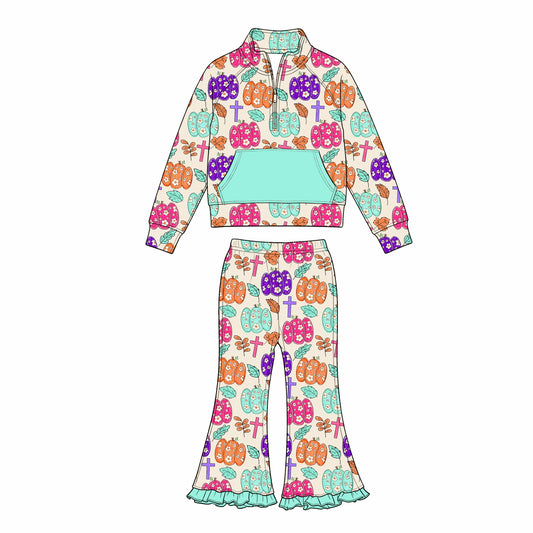 7.11 Preorder Kids Girls Flower Pumpkin Pullover Top with Bell Bottom Pants Outfit