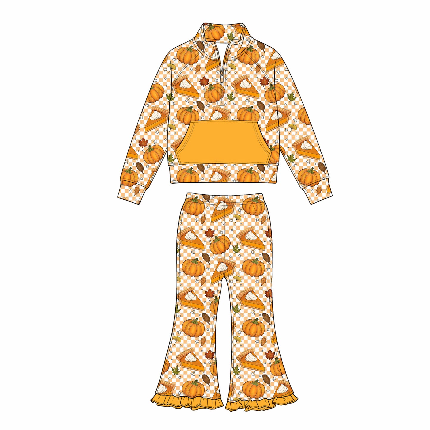 7.11 Preorder Kids Girls Thankgiving Pie Pullover Top with Bell Bottom Pants Outfit