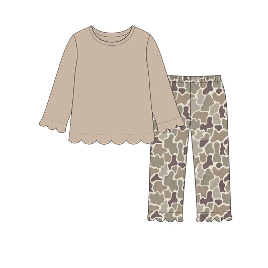 7.13 GLP3487 Preorder Grey Top Camo Pants Girls Fall Pajamas Scallop Clothes Set
