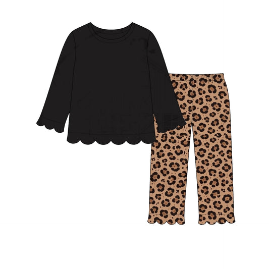 7.13 GLP3488 Preorder Black Top leopard Pants Girls Fall Pajamas Scallop Clothes Set