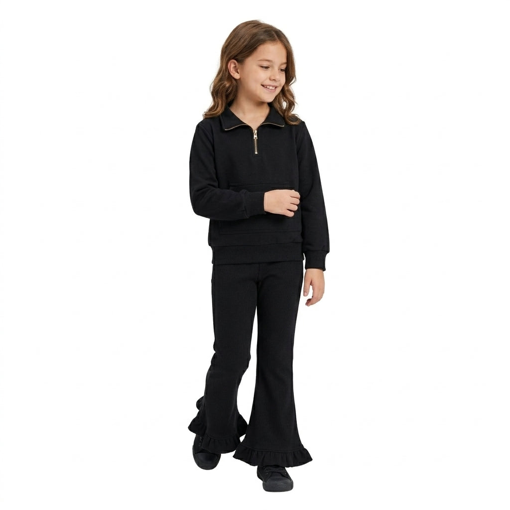 GLP3489 Black Cotton Pullover Sweatshirt Top Bell Pants Girls Fall Clothes Set