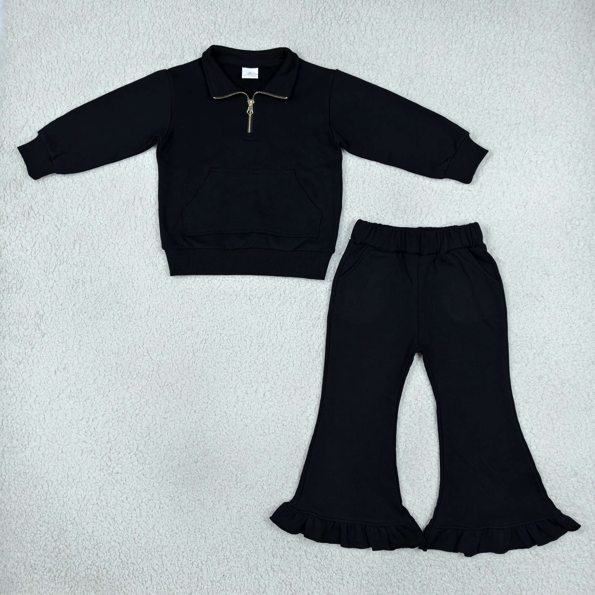 Sibling Kids Girls  Solid Color Zipper Pullover Sweatshirt Bell Bottom Pants Outfit