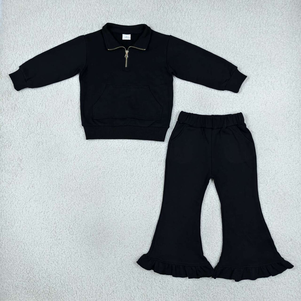 GLP3489 Black Cotton Pullover Sweatshirt Top Bell Pants Girls Fall Clothes Set