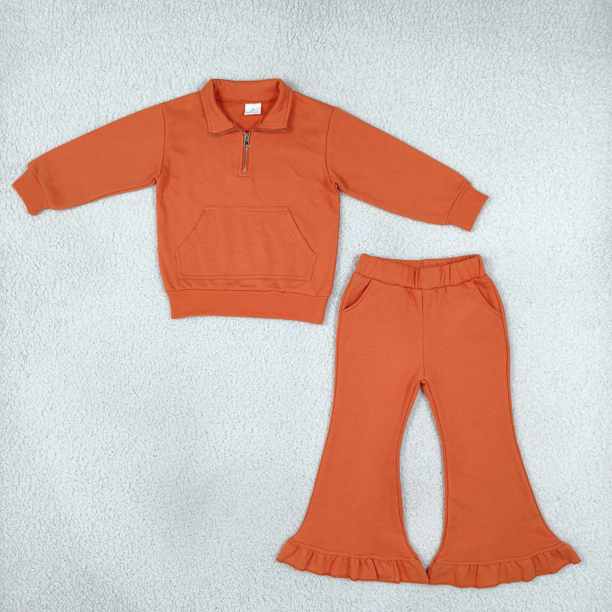 Sibling Kids Girls  Solid Color Zipper Pullover Sweatshirt Bell Bottom Pants Outfit