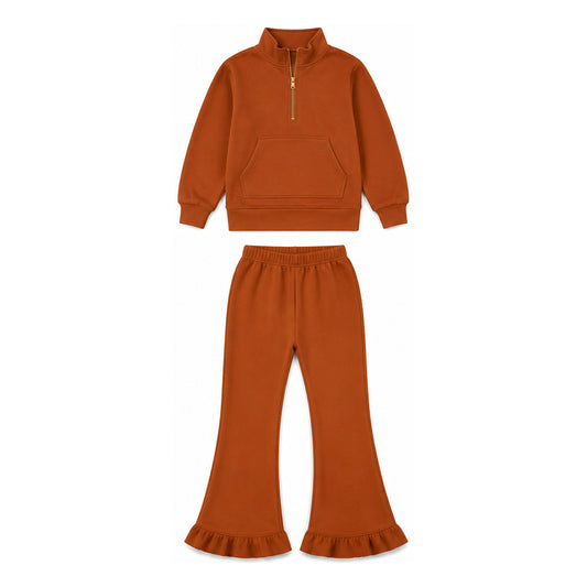 7.14 GLP3490 Preorder Orange Long Sleeve Pullover Sweatshirt with Bell Bottom Pants Outfit