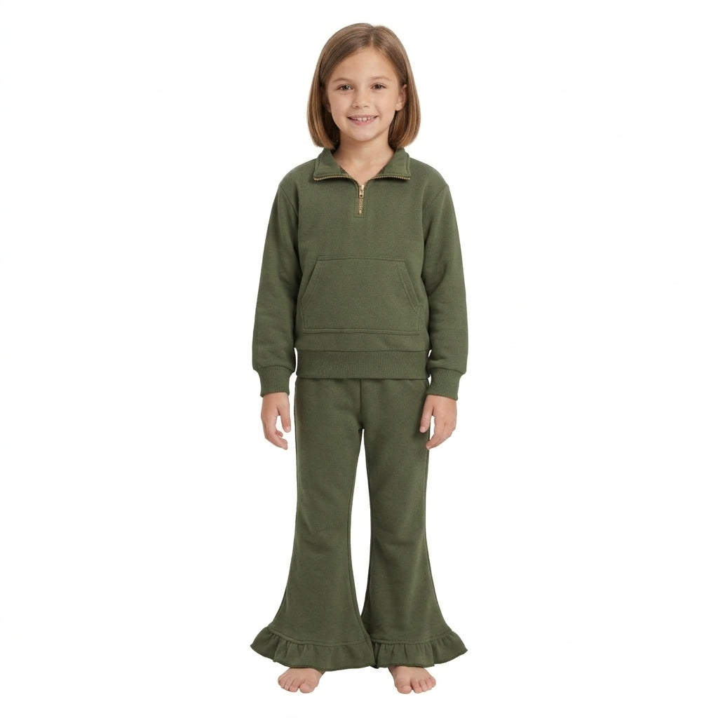 GLP3492 Olive Green Cotton Pullover Sweatshirt Top Bell Pants Girls Fall Clothes Set
