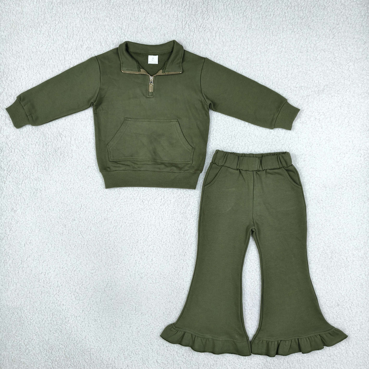 Sibling Kids Girls  Solid Color Zipper Pullover Sweatshirt Bell Bottom Pants Outfit