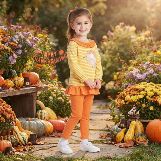 GLP3493 Turkey Embroidery Stripes Top Orange Legging Pants Girls Thanksgiving Clothes Set