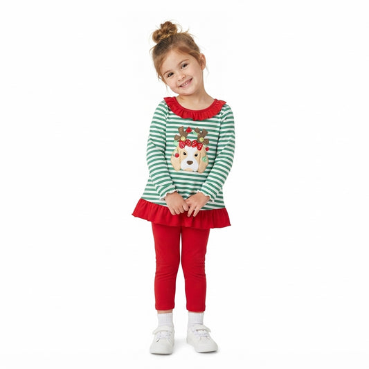GLP3494 Dog Embroidery Green Stripes Top Red Legging Pants Girls Christmas Clothes Set