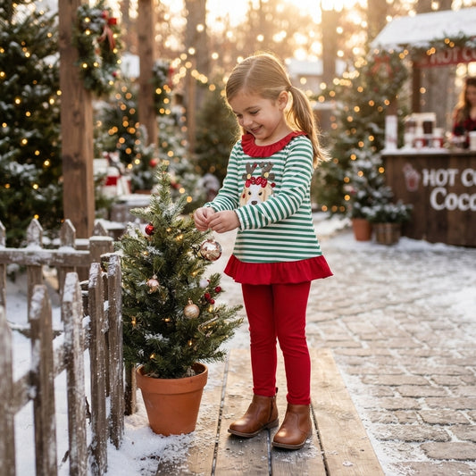 GLP3494 Dog Embroidery Green Stripes Top Red Legging Pants Girls Christmas Clothes Set